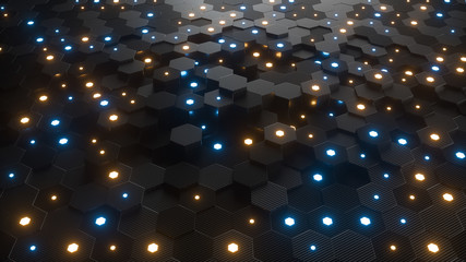 Poster - Abstract hexagonal geometric background. Structure of lots of hexagons of carbon fiber with small glowing hexagons above. Dark and luminous geometric elements. 3d rendering