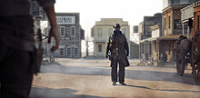 Western Outlaw Facing Off Against A Cowboy In A Classic Gunfight In The Center Of Town. 3d Rendering
