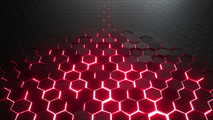 Fototapete - Abstract hexagonal geometric background. Structure of lots of hexagons of carbon fiber with bright energy light breaking through the cracks. 3d rendering