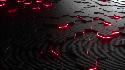 Fototapete - Abstract hexagonal geometric background. Structure of lots of hexagons of carbon fiber with bright energy light breaking through the cracks. 3d rendering