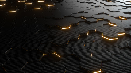 Fototapete - Abstract hexagonal geometric background. Structure of lots of hexagons of carbon fiber with bright energy light breaking through the cracks. 3d rendering