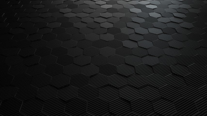 Fototapete - Black abstract hexagonal geometric background. Structure of lots of hexagons of carbon fiber. 3d rendering
