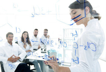 view through the transparent Board. female biochemist makes a report to colleagues