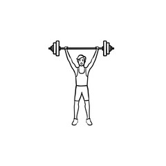 Sticker - Sportsman lifting heavyweight barbell hand drawn outline doodle icon. Fitness barbell, bodybuilding concept. Vector sketch illustration for print, web, mobile and infographics on white background.