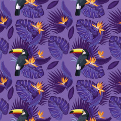 Wall Mural - Toucan, exotic birds, tropical flowers, palm leaves, jungle leaves, bird of paradise. Tropical trendy  seamless pattern.