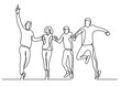 continuous line drawing of group of four people jumping