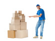 © GVS - Delivery man pointing to stack of boxes isolated on white background