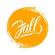 © FineVector - Fall hand drawn lettering text design on circle brush stroke background. Autumn season vector illustration.