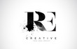 RE R E Letter Logo Design with Black Ink Watercolor Splash Spill Vector.