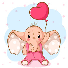 Cute Elephant With Pink Balloon. Vector Eps 10.