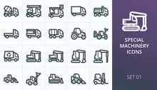 Heavy Construction Equipment And Special Machinery Icon Set. Set Of Truck, Tractor, Backhoe, Excavator, Crawler And Wheel Loaders, Crane, Dumper, Bulldozer, Forklift, Van Isolated Vector Icons