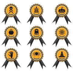 badge with halloween characters icon. playful reward for halloween party. flat vector cartoon illust