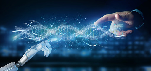 Poster - Cyborg hand holding a DNA branch 3d rendering