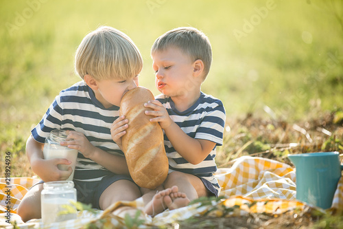 Cuadros en Lienzo Cheerful children drinking fresh milk outdoors