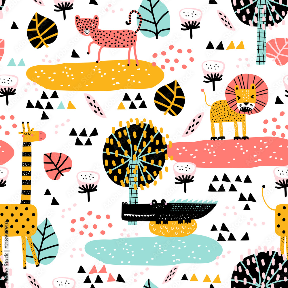 Safari animals seamless pattern with cute giraffe, leopard, alligator ...