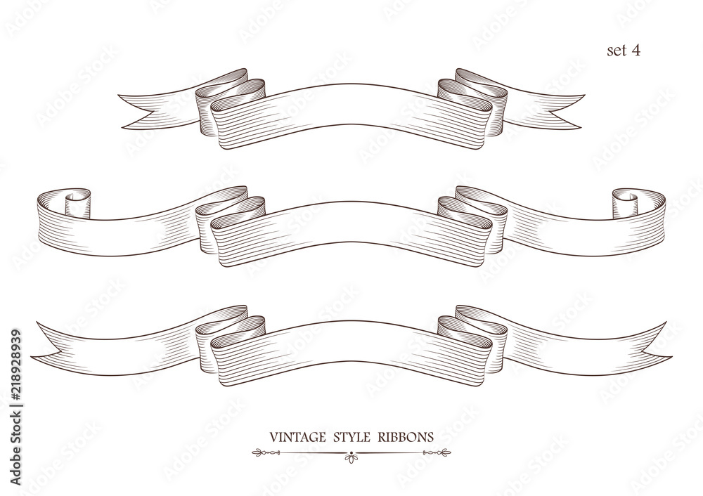 Set of vintage ribbons. Engraving style vector illustration. Retro hand ...