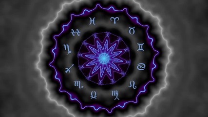 Wall Mural - Transforming Magic circle with zodiacs sign on balck mystic mandala background..