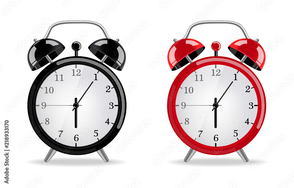 Alarm clock Vector realistic. Red and black clocks isolated on whites - obrazy, fototapety, plakaty 