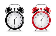Alarm Clock Vector Realistic. Red And Black Clocks Isolated On Whites