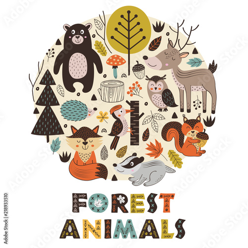 Photo forest animals in circle Scandinavian style -  vector illustration, eps