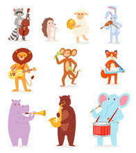 Animal Music Vector Animalistic Character Musician Lion Or Rabbit Playing On Musical Instruments Guitar And Violin Illustration Set Of Elephant Or Monkey With Drum Isolated On White Background