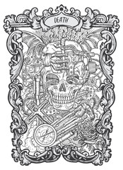 Poster - Death. Major Arcana tarot card. The Magic Gate deck. Fantasy engraved vector illustration with occult mysterious symbols and esoteric concept