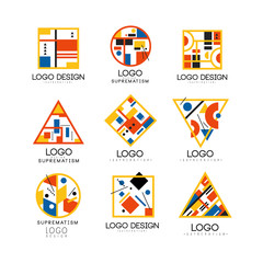 Poster - Suprematism logo design set, abstract creative geometric templates can be used for brand identity, advertising, poster, banner, flyer, web, app vector Illustrations on a white background