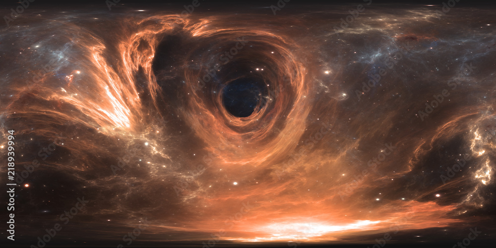 360 degree massive black hole panorama, equirectangular projection, environment map. HDRI spherical panorama. Space background with black hole and stars - obrazy, fototapety, plakaty 