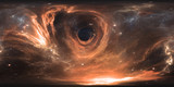 Fototapeta  - 360 degree massive black hole panorama, equirectangular projection, environment map. HDRI spherical panorama. Space background with black hole and stars