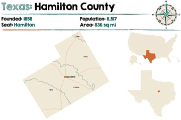  Detailed map of Hamilton county in Texas, USA.