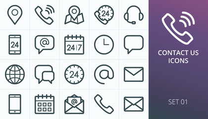 contact us icons set. set of business contact phone call, map maker, open email envelope, calendar, 