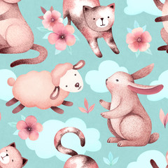 Wall Mural - Watercolor illustrations of cats, sheep, bunny and flowers. Seamless pattern