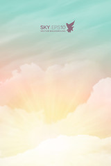 Wall Mural - Vertical vector background with realistic turquoise-yellow sky and cumulus clouds. The image can be used to design a banner, flyer and postcard.