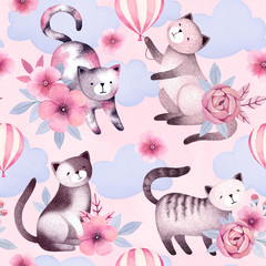 Wall Mural - Watercolor illustrations of cats and flowers. Seamless pattern