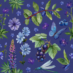 Wall Mural - Summer seamless pattern. Watercolor illustrations of flowers, berries and insects