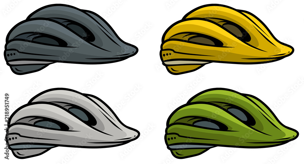 animated bike helmet Cartoon plastic bicycle helmet vector icon set Stock Vector