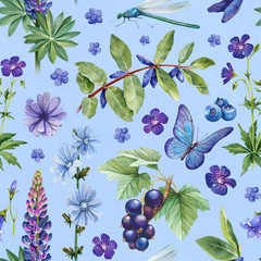 Wall Mural - Summer seamless pattern. Watercolor illustrations of flowers, berries and insects