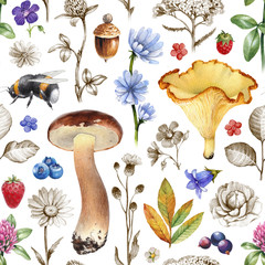 Wall Mural - Summer seamless pattern. Illustrations of flowers, berries, mushrooms and insects