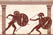Two ancient Greek warrior Hector and Achilles with a spear and shield in his hands is fight between the columns on a beige background with an aged effect.