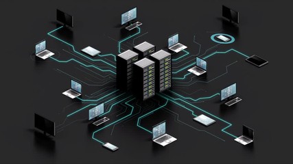 Internet of things computer technology connect Main server system. 4k animation. gray back.