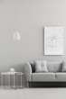 © Photographee.eu - Real photo of map poster hanging on the wall in living room interior with grey sofa, metal end table with books and coffee cup and white lamp