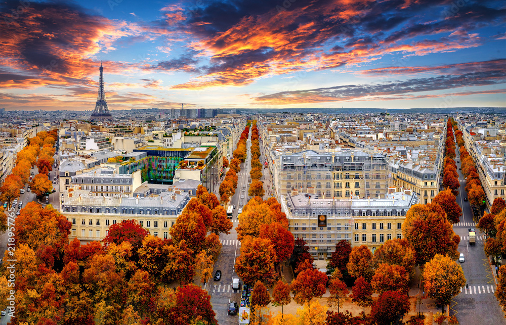 Aerial view of Paris in late autumn at sunset.Red and orange colored street trees. Eiffel Tower in the background. Paris, France - obrazy, fototapety, plakaty 