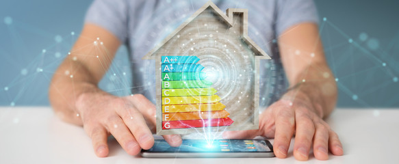 Wall Mural - businessman using 3d rendering energy rating chart in a wooden house