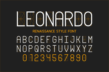 Thin renaissance style font, alphabet letters and numbers