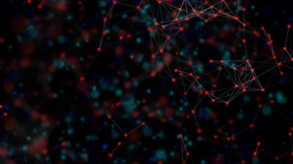 Poster - The rising particles. The flying red crosses. Depth of field. Blue dots. Business background. The godless loop.