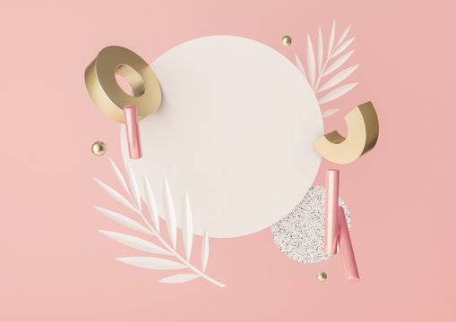 3d rendered illustration with flying geometric shapes, leaves, frame.