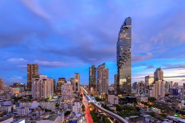 Wall Mural - Bangkok business district cityscape with skyscraper at twilight, Thailand