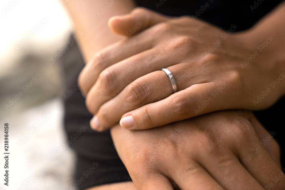 silver engagemnet ring on females hand after wedding proposal Stock ...