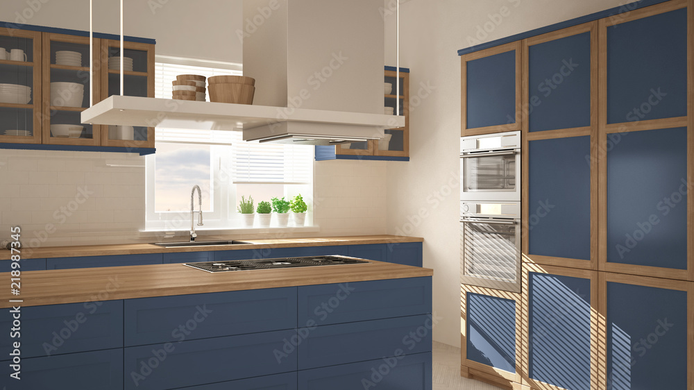 Modern wooden and blue kitchen with island, parquet herringbone floor ...