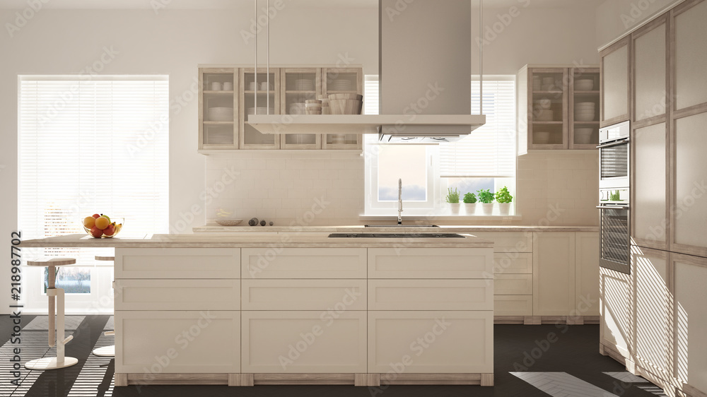 Modern wooden and white kitchen with island, stools and windows ...